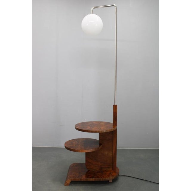 Art Deco Floor Lamp with Shelves in Glass, Walnut, and Metal, Czechoslovakia, 1930s For Sale - Image 3 of 13