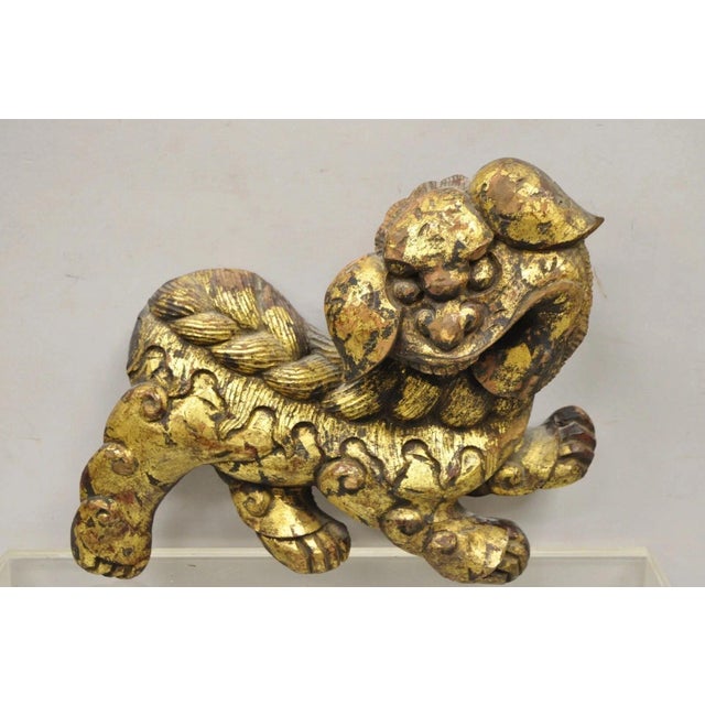 Wood Vintage Chinoiserie Carved Wood Gold Gilt 12" Chinese Foo Dog Figures - A Pair For Sale - Image 7 of 11