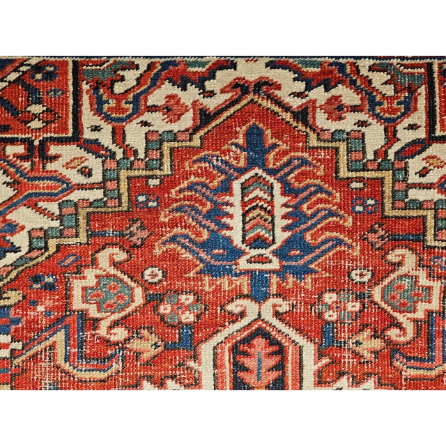 Persian Vintage Persian Heriz Serapi Rug, Hand-Knotted Wool, Geometric Pattern, Brick-Red & Ivory, 4x4 For Sale - Image 3 of 18