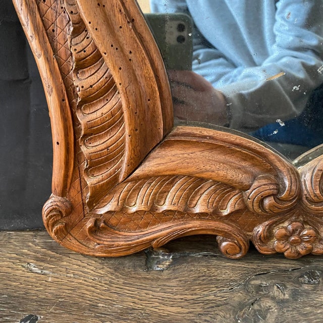 19th Century French Carved Provincial Wooden Walnut Mirror With Floral and Wave Motif For Sale - Image 11 of 11