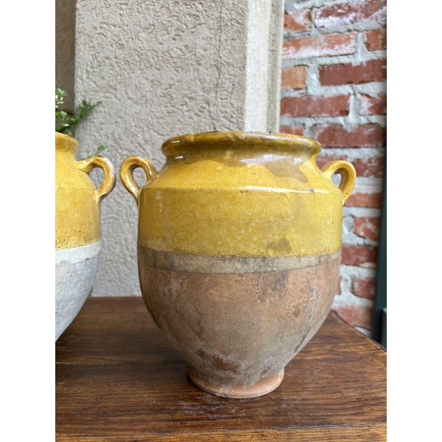 Pair Antique Provincial French Yellow Glazed Pottery Confit Pot Urn Vase Vessel For Sale - Image 10 of 13