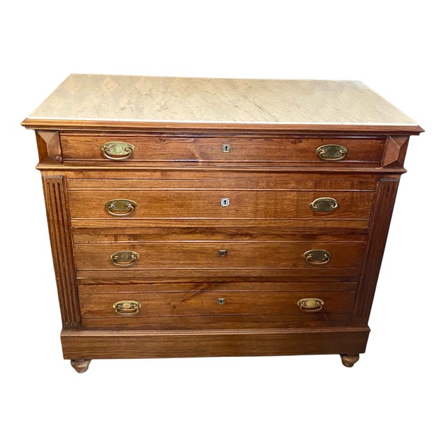 Vintage Louis Philippe Chest of Drawers with White Marble Top, 1920s For Sale