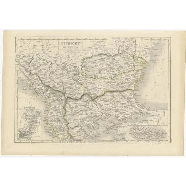 Antique map titled 'turkey in europe'. A map of european turkey and the surrounding countries. With an inset map of the...