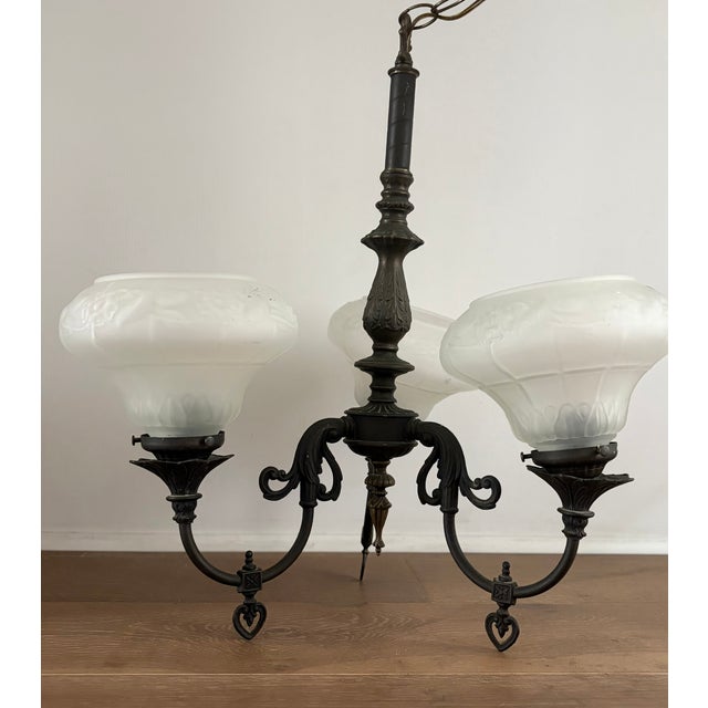 Spanish Revival 1920s Spanish Revival Cast Metal Three-Light Chandelier With Frosted Glass Shades For Sale - Image 3 of 6