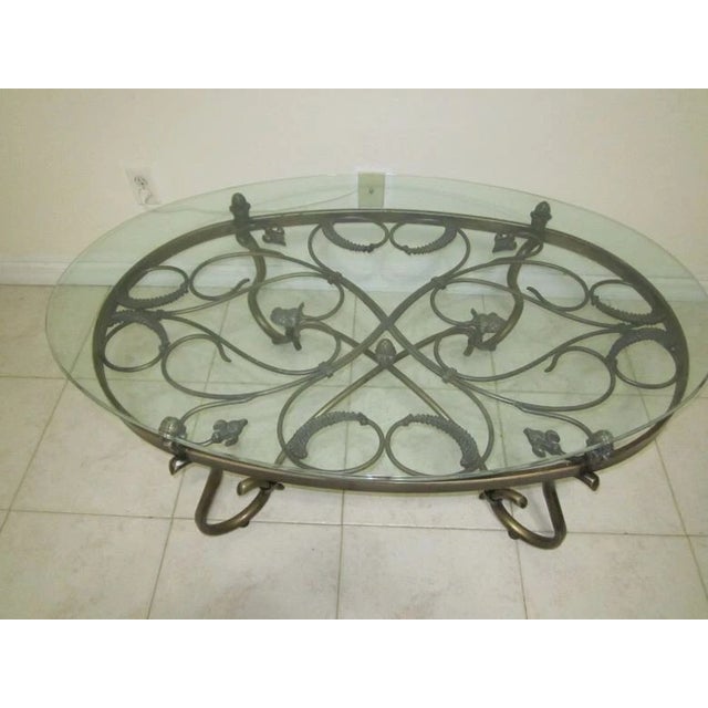 1990s Oval Metal Coffee Table Italian Style Ornate Glass Top For Sale - Image 4 of 8