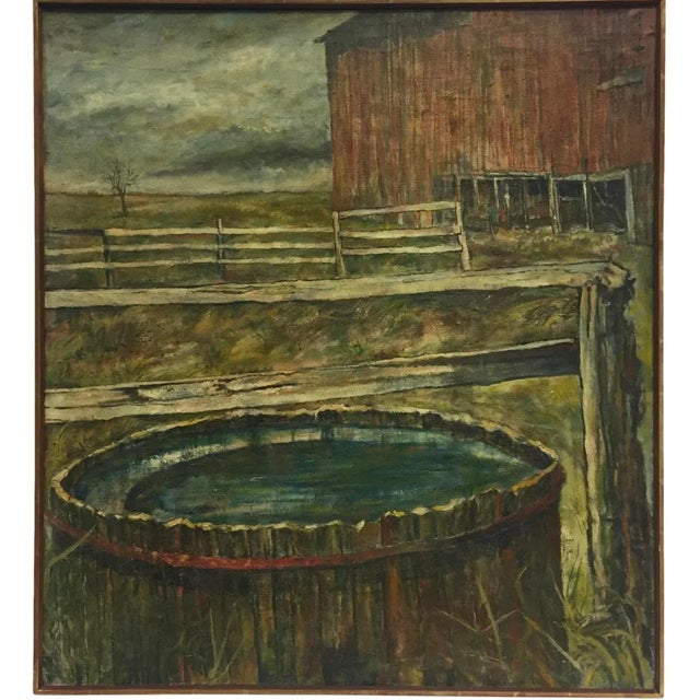 Wooden Framed Oil On Canvas Of A Rustic Barn Scene. Image includes a water filled barrel in the foreground and a tree...