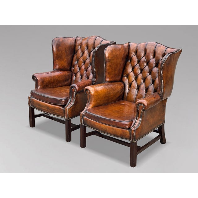 Antique Wing Back Chairs in Brown Leather, 1890, Set of 2 For Sale - Image 3 of 11
