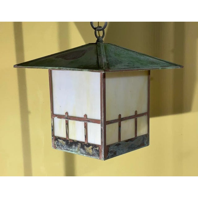 1980s Single Arts & Crafts Brass Lantern Pendant Light With Art Glass For Sale - Image 5 of 12