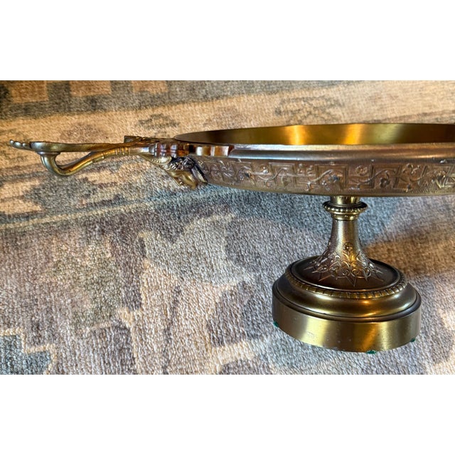 Mid 19th Century Antique French Empire Brass Tazza — Classical Apotheosis Relief Medallion — Torch Handles — Greek Key Rim — Footed Pedestal — 22.5 Inches For Sale - Image 5 of 8