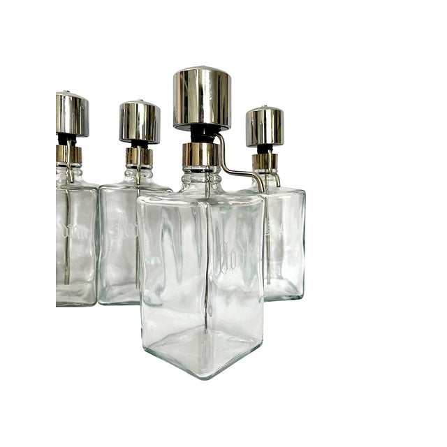 Mid-Century Modern Vintage Mid-Century Etched Glass & Chrome Liquor Dispenser Bar Bottles — Set of 6 For Sale - Image 3 of 13