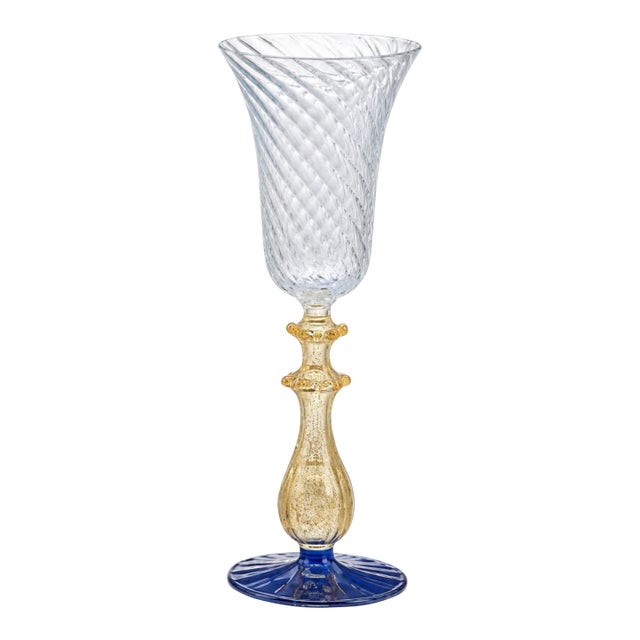 Vintage Murano Venetian Glass Chalice Aventurine Gold Stem Cobalt Blue Goblet For Sale