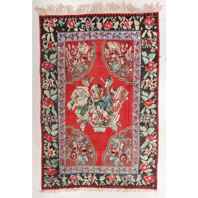 Vintage Mid-Century Bessarabian Kilim Red Floral Flat Weave Rug Room Size For Sale - Image 10 of 12