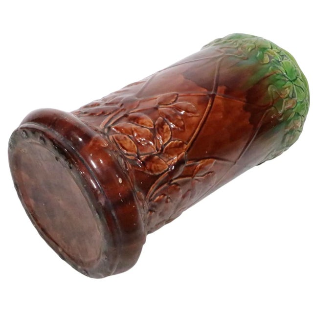 Brown Antique Majolica Umbrella Cane Stand Att. To Roseville Pottery For Sale - Image 8 of 17