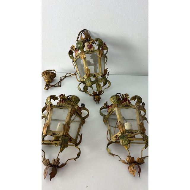 Vintage Wall Lamps and Pendant Light in Decorated Wrought Iron, 1950s, Set of 3 For Sale - Image 6 of 12