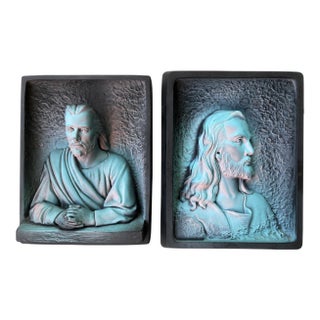 Pair of Vintage Mid-Century Modern Religious Relief Wall Plaques “Messiah” & “Prince of Peace” by Victor For Sale