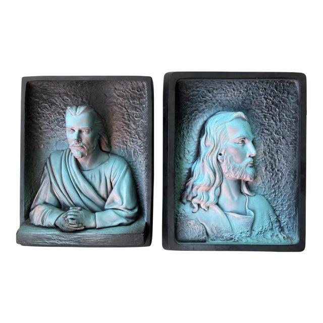 Pair of Vintage Mid-Century Modern Religious Relief Wall Plaques “Messiah” & “Prince of Peace” by Victor For Sale
