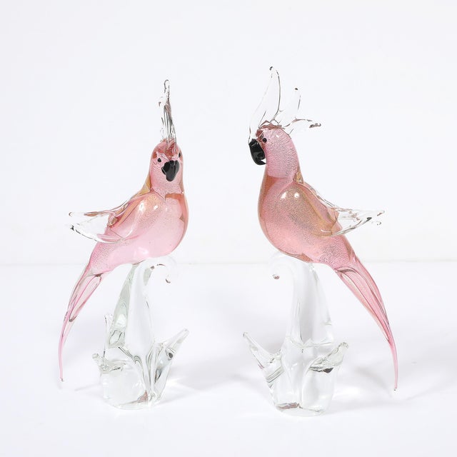 This stunning pair of Mid-Century Modernist hand-blown Murano cockatiel sculptures, crafted in Italy circa 1960,...