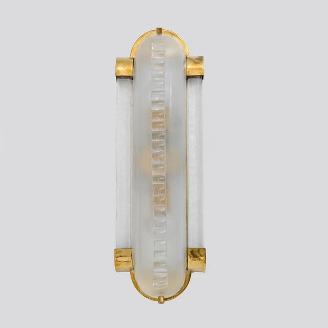 Metal Art Deco Style Brass and Frosted Murano Glass Sconces, 1980, Set of 2 For Sale - Image 7 of 7