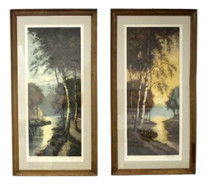 Impressionist Artist, Lake Scenes, 20th Century, Lithographs, Framed, Set of 2