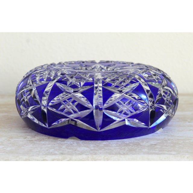 Vintage Cobalt Blue Cut-to-Clear Crystal Ashtray – Geometric Starburst Design – 8" For Sale - Image 4 of 16