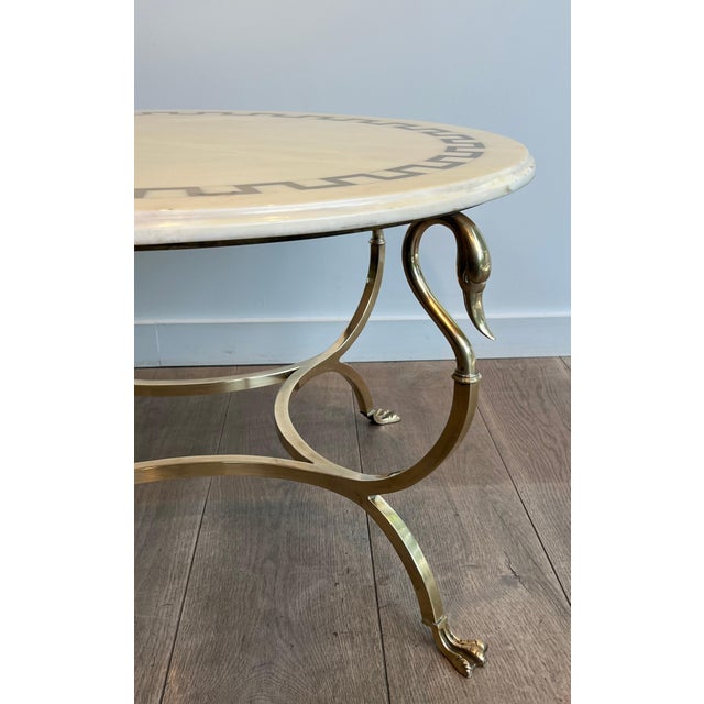 Cream 1940s Round brass coffee table with swan heads and feet & Marble Top Attributed to Maison Jansen For Sale - Image 8 of 12