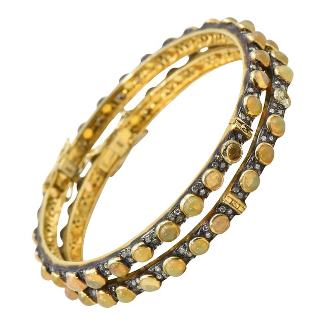 Pair of Opal Diamond Vermeil Sterling Silver Bangle Bracelets For Sale