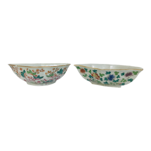 Mid 19th Century Antique Qing Dynasty Lozenge Shaped Painted Porcelain Bowls- Set of 2