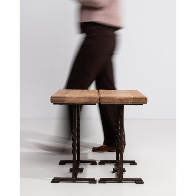 1970s Pair Of Oak Side Tables With Iron Base For Sale - Image 10 of 15