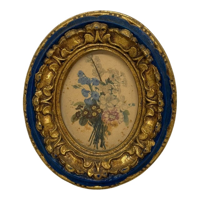 Mid‑20th Century European Ornate Rococo‑Style Ceramic Oval Frame — Painted Gold & Blue With Floral Botanical Silk‑Screen Print For Sale