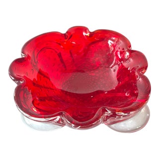 1950s Frattelli Toso Murano Red Bubble Art Glass Bowl For Sale