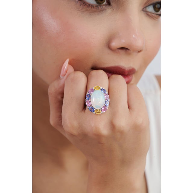 9.01ct Ethiopian Fire Opal, Multi-Sapphire and Diamond Antique 18k White Gold Ring Size 4 For Sale - Image 11 of 18