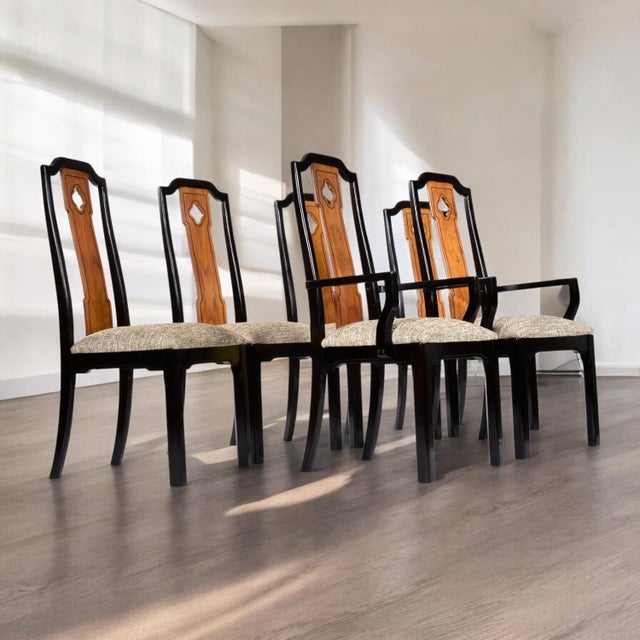 Thomasville 6 Thomasville Embassy Asian Modern Chinoiserie Dining Chairs Gray Seats For Sale - Image 4 of 16