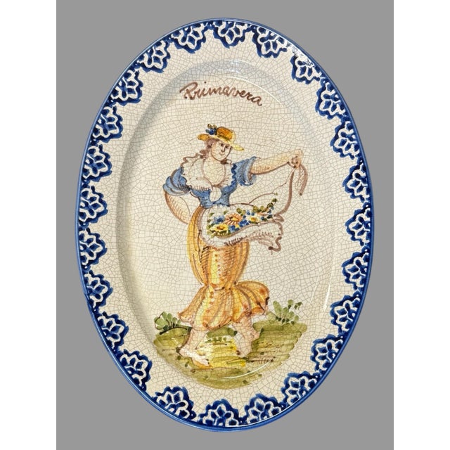 Italian Vintage Antique Italian Fiancé Hand Painted 16" Oval Serving Dish Tray - Primavera For Sale - Image 3 of 4
