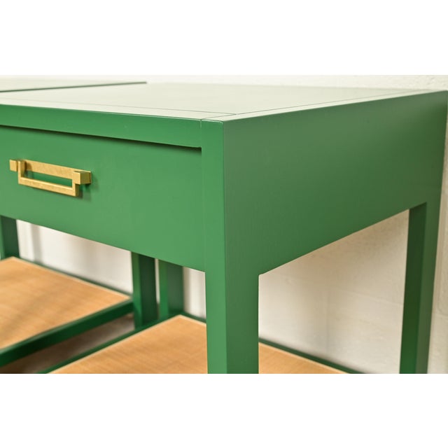 Michael Taylor for Baker Furniture Mid-Century Hollywood Regency Green Lacquer and Cane Campaign Nightstands, Newly Refinished For Sale - Image 10 of 15