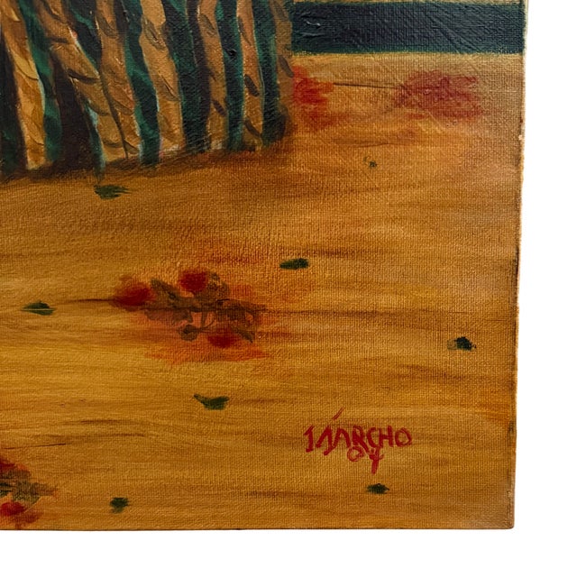 Pair of Large Original Oil Portraits of a Portuguese Water Dog on a Striped Bergère For Sale - Image 12 of 15