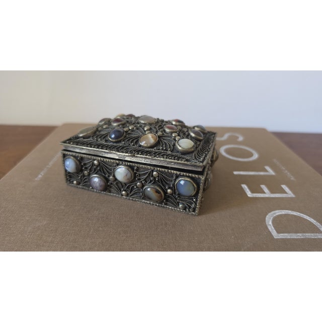 Late 20th Century Antique Folk Art Silverplate Jewelry Box With Agate Cabochons, Vintage Trinket Box, Ornate Filigree Keepsake, Boho Global Decor For Sale - Image 5 of 10