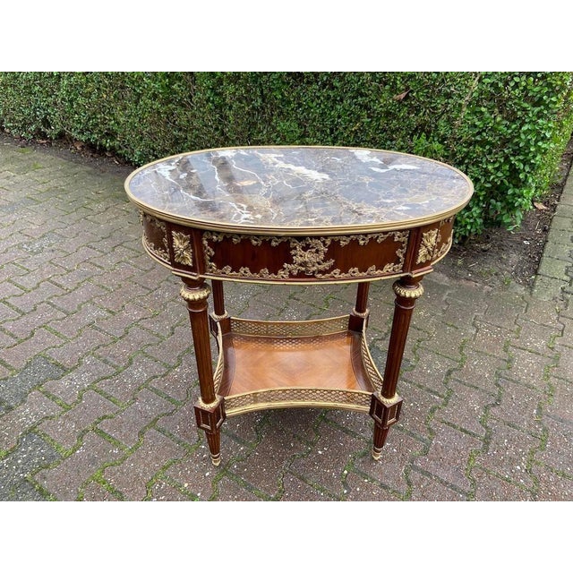 Late 20c French Artisan Louis XVI Mahogany Marble Side Table For Sale - Image 6 of 13