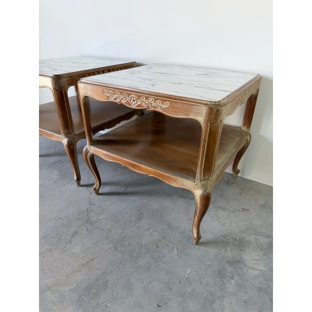 Vintage French Provincial Style Two Tier Marble Top End Tables – A Pair For Sale - Image 12 of 17