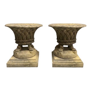 1980s Pair of Mid-Century Neoclassical Cast Stone "Basketweave" Planters on Lion Paw Feet For Sale