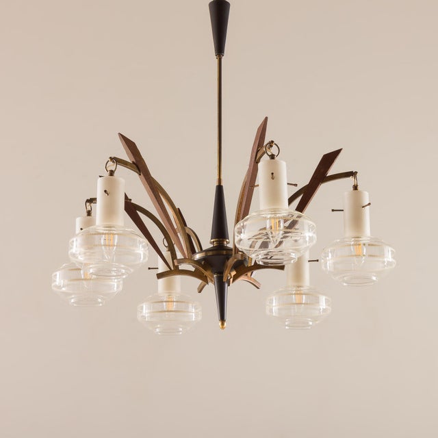 Stilnovo Mid-Century Modern Itailan Murano Glass and Teak Chandelier from Stilnovo, 1960s For Sale - Image 4 of 16