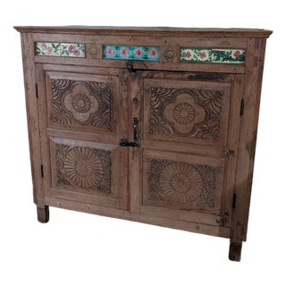 Stunning Antique Indonesian Carved Teakwood Cabinet With Majolica Ceramic Tiles For Sale