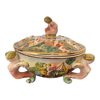 Vintage Italian Capodimonte Porcelain Lidded Dish With Cherubs For Sale
