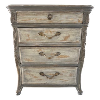 1990s Authentic Drexel Chest of Drawers – French Country Style in Distressed Grey Patina With Script Motif For Sale