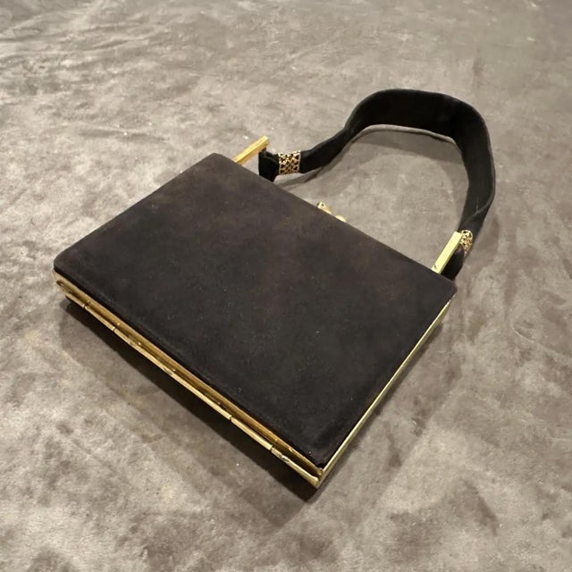 1950s Vintage Brown Suede and Brass Italian Cosmetic Bag For Sale - Image 6 of 14