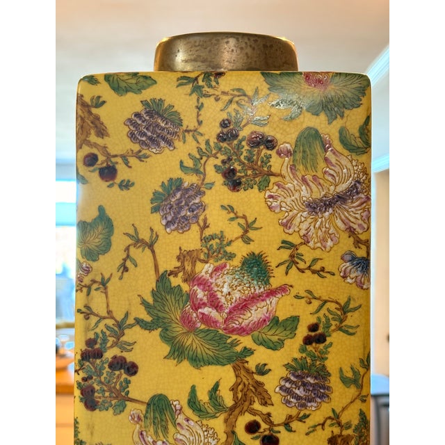 Vintage Set of 2 Large Yellow Gold Paw Footed Garden Urn Jars Brass Caps For Sale - Image 9 of 18