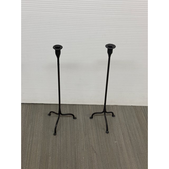 Metal Black Iron Tripod Candlesticks, Pair For Sale - Image 7 of 12