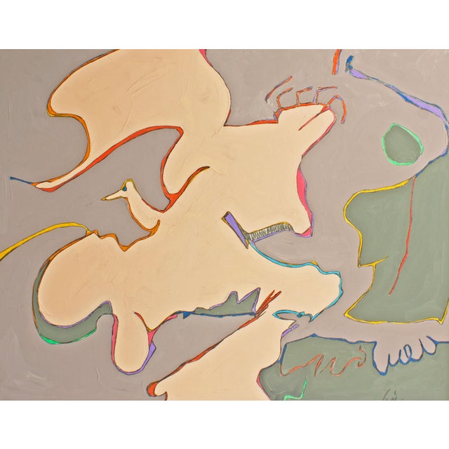 A 1980s abstract mixed media painting by American artist Harry Hilson (1935-2004) titled, Flamingo. Composed of gouache,...