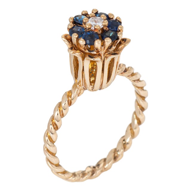 Sapphire Diamond Tulip Ring Sz 6 Vintage 10k Yellow Gold Stacking Band Jewelry For Sale
