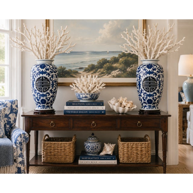 Chinese Pair of Blue & White Chinese Export Style Porcelain Floor Vases on Hardwood Stands, 18" Tall For Sale - Image 3 of 8