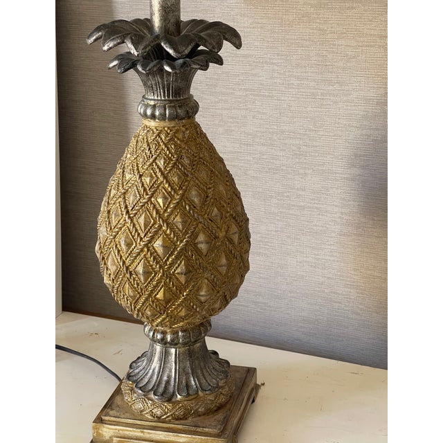 1970s Tropical Coastal Faux Wood Pineapple Table Lamps Custom Shades - A Pair For Sale - Image 4 of 6